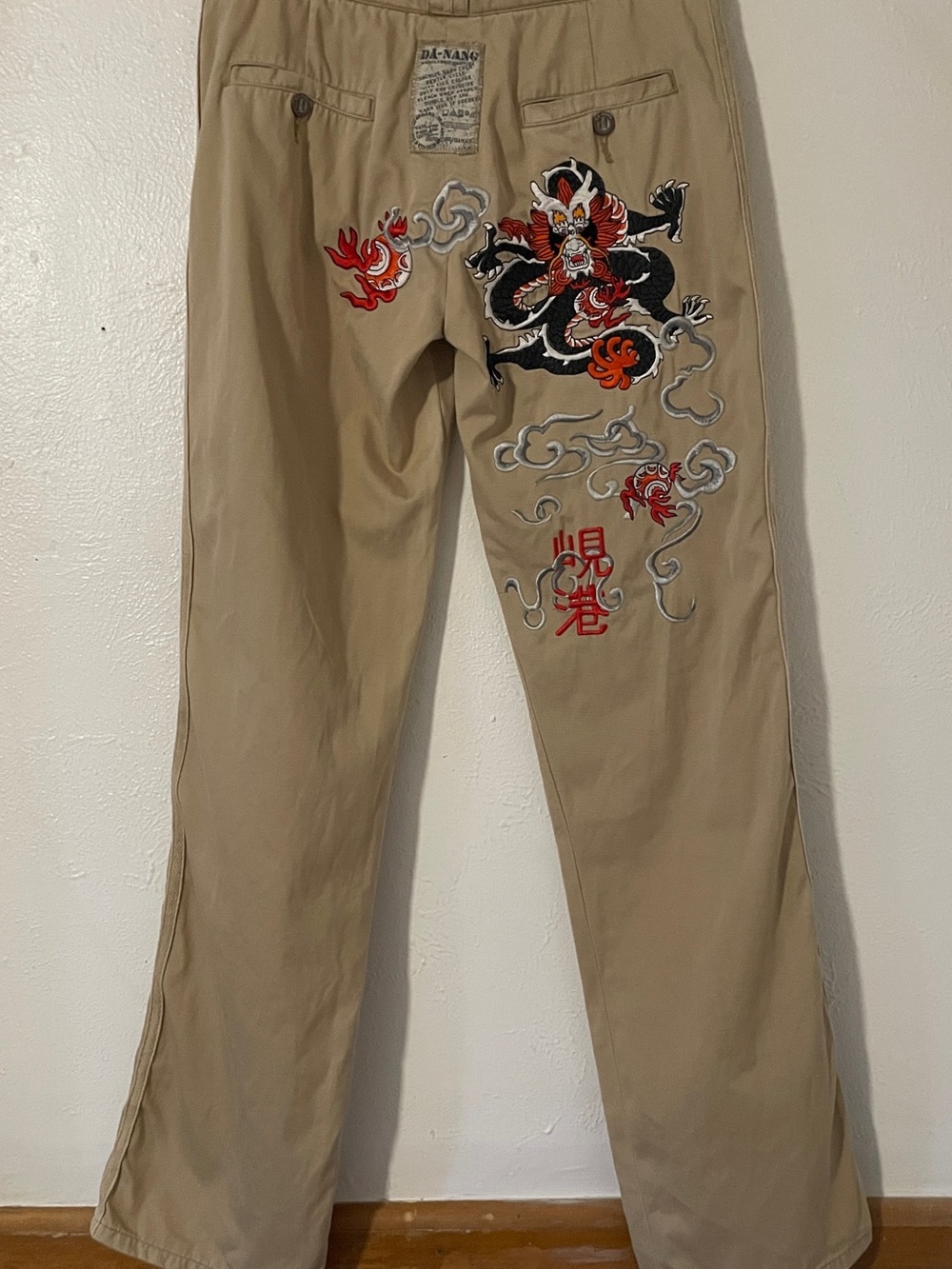 Da-Nang Vintage Y2K Dragon Embroidered Khaki Cotton Chino Pants 30x33